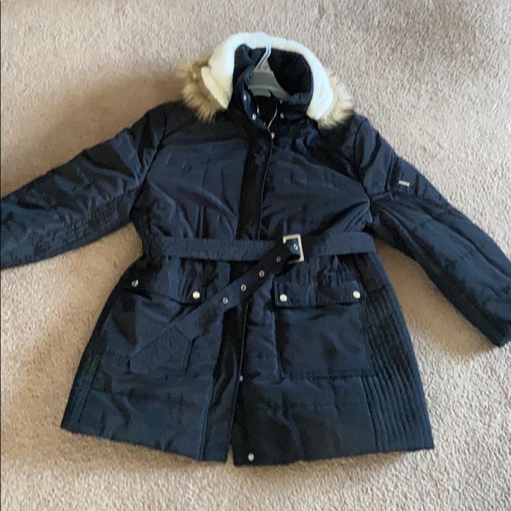Black puffer jacket with hood and belt.